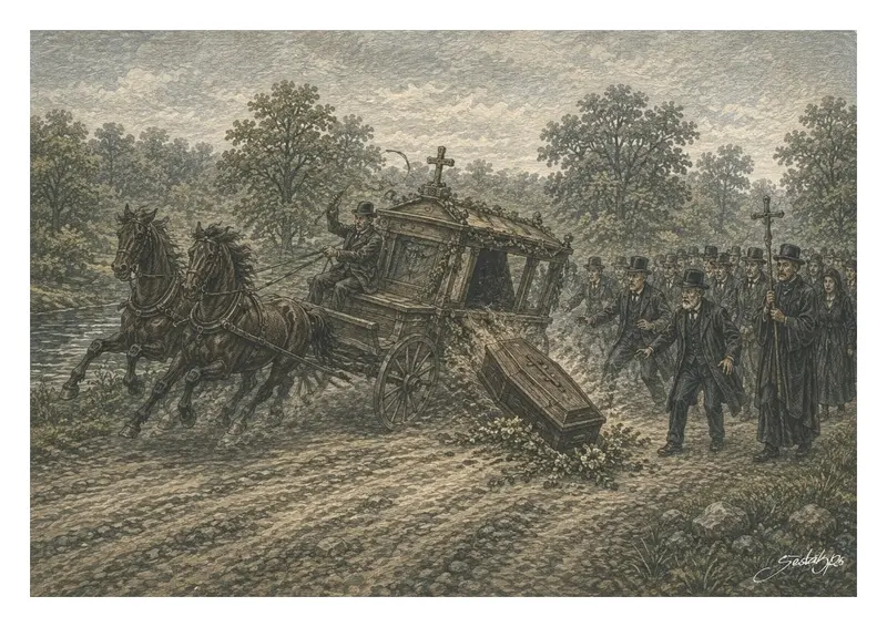 Historická ilustrace pohřebního vozu taženého koňmi, z něhož během smutečního průvodu vypadla rakev. Výjev doprovází příběh o návratu z márnice a strachu z pohřbení zaživa.