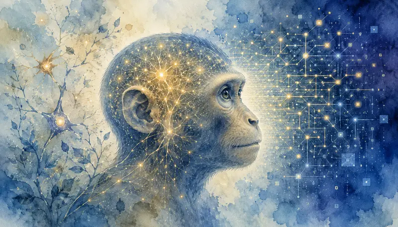 Ilustrace k tématu umělý opičí mozek a superpočítač Wukong. Symbolicky zobrazuje propojení biologického mozku opice a neuromorfní umělé inteligence.