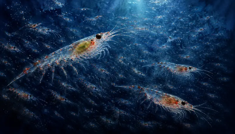 Antarktický krill v tmavě modrých vodách Jižního oceánu. Detailní zobrazení průsvitných těl krillu v rozsáhlém hejnu.
