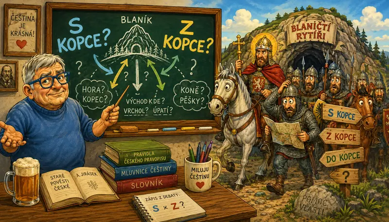 Blaničtí rytíři a český pravopis v humorné ilustraci Vladimíra Strnada o sporu, zda se správně píše s kopce, nebo z kopce.