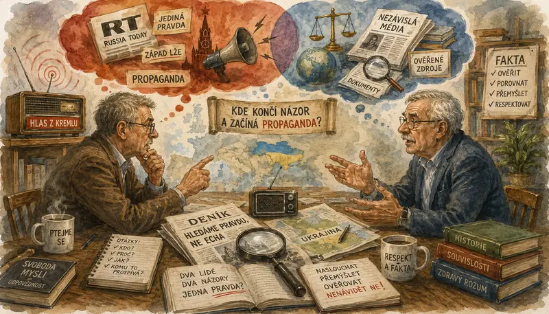 Ilustrace k článku Jak je to s tou Ukrajinou zachycuje názorovou diskusi o válce, faktech a propagandě. Dva diskutující porovnávají rozdílné informační zdroje.