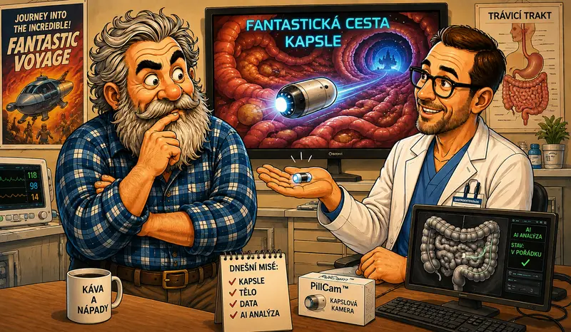 Kapslová endoskopie jako fantastická cesta lidským tělem v humorné ilustraci k fejetonu Jiřího Švehly.
