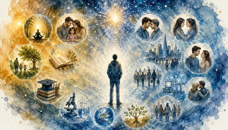 Symbolická akvarelová ilustrace k úvaze „Odkud kam?“ zachycuje člověka uprostřed různých podob vztahů, poznání, spirituality a společenských proměn.
