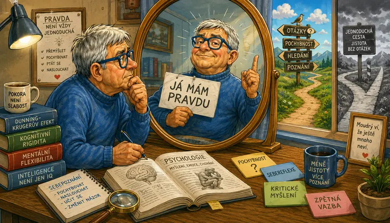 Ilustrace k článku Přehnaná sebejistota jako past vlastního úsudku ukazuje přehnanou sebejistotu a Dunning-Krugerův efekt jako past vlastního úsudku.