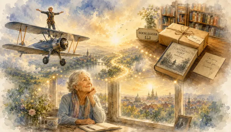 ilustrace propojuje tři příběhy naděje: odvážný let na dvouplošníku, navrácenou knihu a starší ženu jako symbol víry, optimismu a laskavosti.