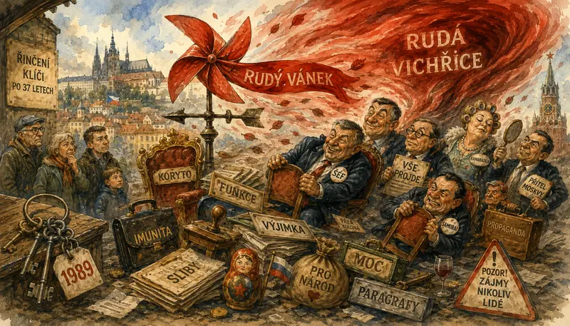 Satirická ilustrace k článku Rudý vánek zachycuje českou politiku, mocenské zájmy a obavu z oslabování demokratické kultury.