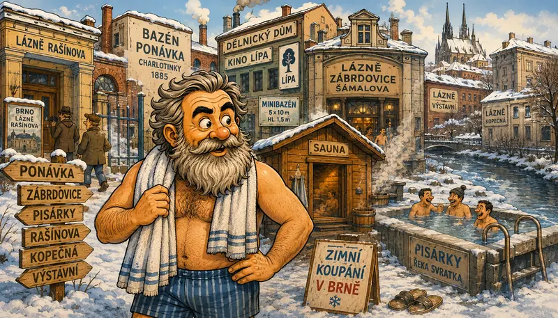 Zimní koupání v Brně v 50. letech v humorné ilustraci s historickými lázněmi, saunou a vzpomínkovou atmosférou starého Brna.