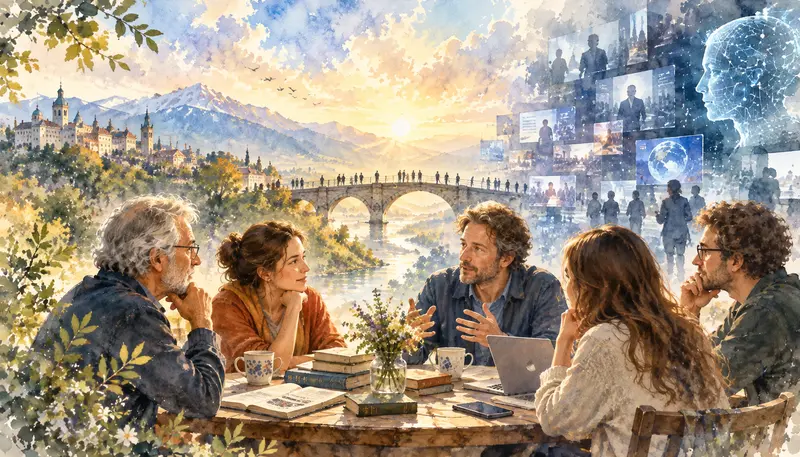 Akvarelová ilustrace lidí v rozhovoru propojená motivem médií, umělé inteligence a důvěry v dnešním světě. Ilustrace k úvaze Petera Žaloudka.