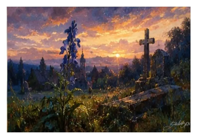 Tajemná ilustrace k příběhu Nemrtvý ženich zachycuje hřbitov, kříž a soumrak jako symboly lásky, smrti a odpuštění.