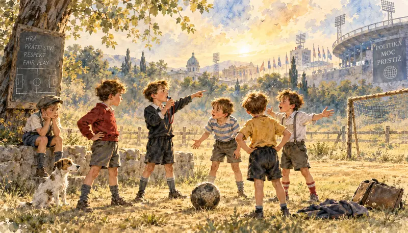 Ilustrace inspirovaná dílem Reného Goscinnyho ukazuje dětský fotbalový spor jako zrcadlo světa dospělých, politiky a moci.