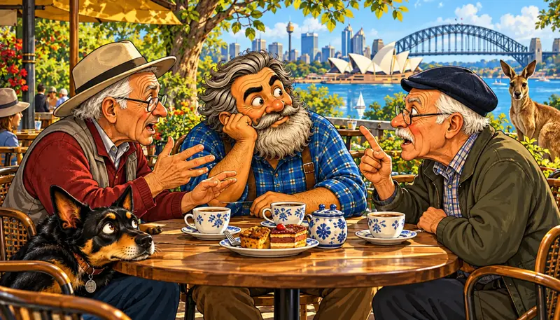Humorná ilustrace tří starších krajanů diskutujících u kávy v australské kavárně ke článku Kdo jsme, kam jdeme? zachycuje rozdílné názory Čechů v zahraničí.