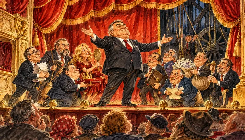 satirická ilustrace k článku Bureš a jeho kompars zachycuje politika na divadelním jevišti obklopeného skupinou přisluhovačů představujících politický kompars.