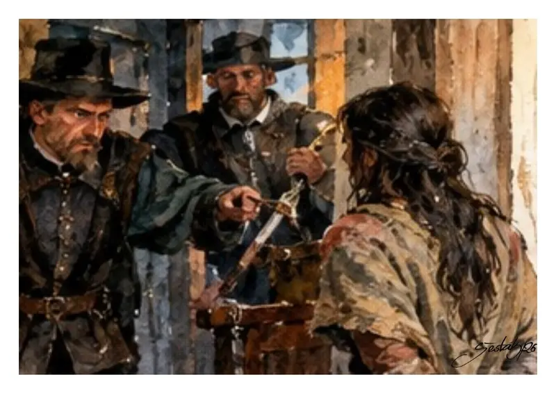 Temná historická ilustrace domu na kraji lesa, zahaleného do tajuplné atmosféry. Obraz doprovází příběh o čarodějnických procesech, strachu a pronásledování nevinné ženy.