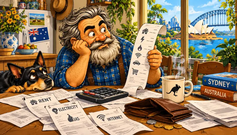 Karikatura Jiřího Švehly u domácího stolu s účty, kalkulačkou a prázdnou peněženkou symbolizuje vysoké náklady na bydlení v Sydney.
