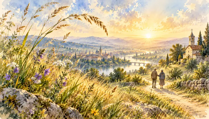ilustrace rozkvetlé louky, cesty ke kostelu a dvou postav kráčejících ruku v ruce. Symbolicky připomíná Ludmilu Javorovou, její duchovní odkaz a život spojený se Skrytou církví.